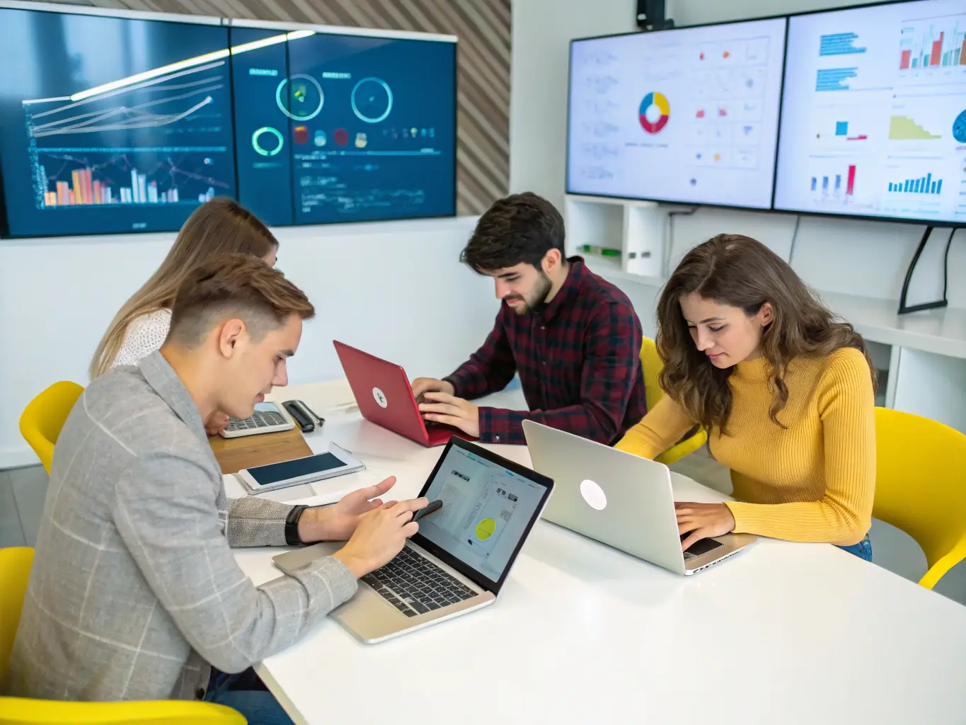 A vibrant online community with Dubai real estate agents actively participating in a group discussion, sharing insights and strategies on their laptops and mobile devices.