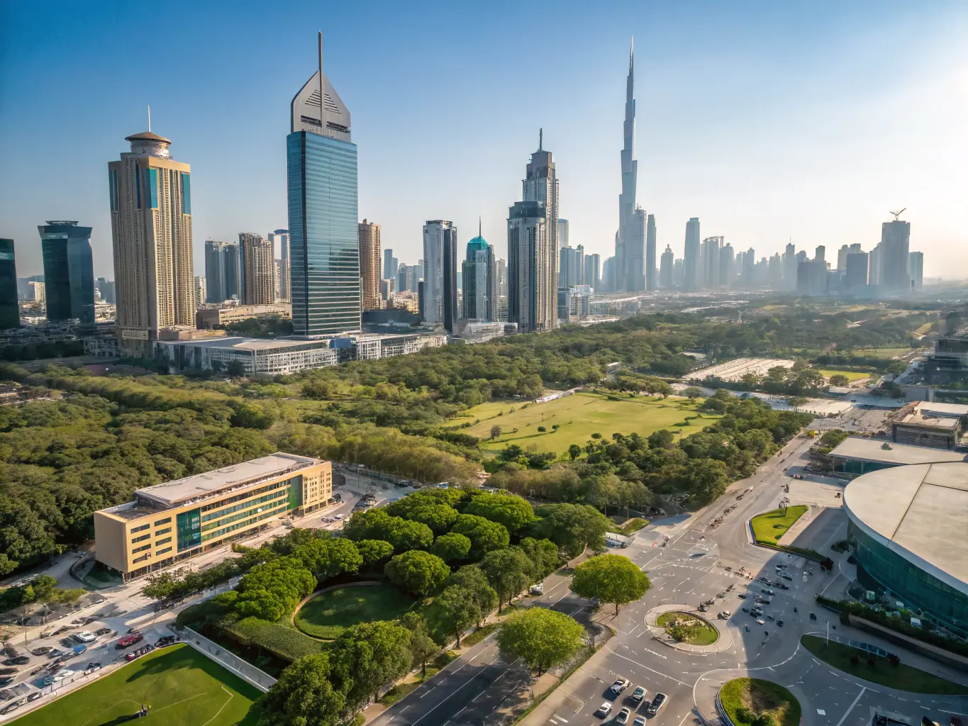 A group of Dubai realtors collaborating and networking at a RealtorSupport event, with the Dubai skyline in the background.