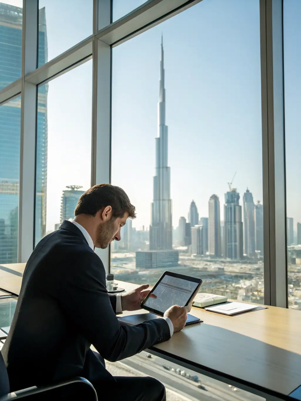 A professional Dubai realtor using RealtorSupport's AI tool on a laptop, smiling confidently, with the Dubai skyline in the background, symbolizing efficiency and tech-savviness.