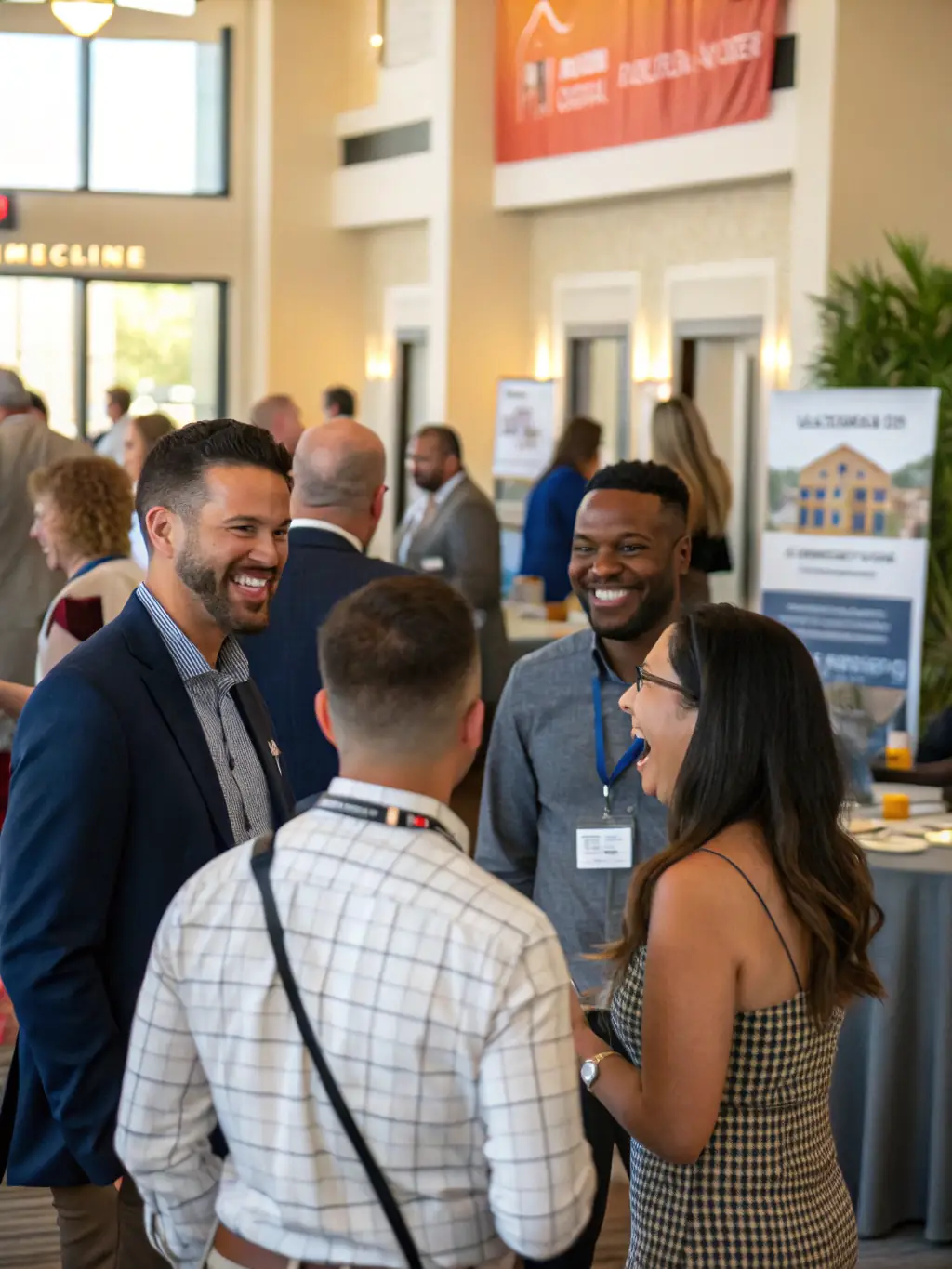 A group of Dubai realtors collaborating and networking at a RealtorSupport event, showcasing the supportive community and knowledge sharing.