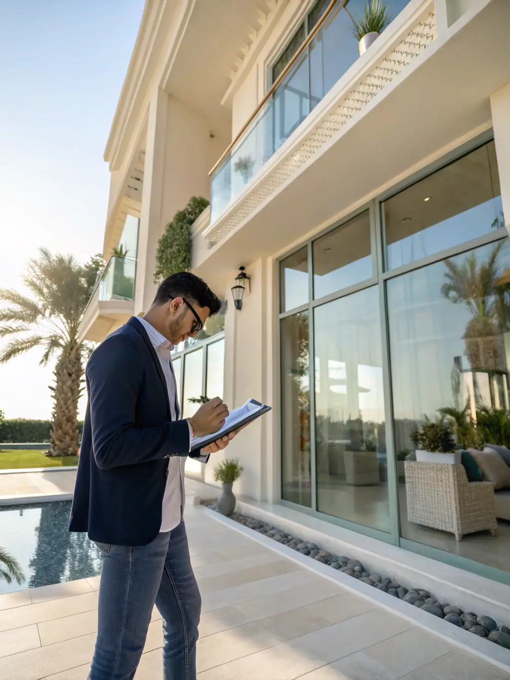 A professional realtor using an AI-powered tool on a tablet, analyzing Dubai real estate market data with advanced analytics.
