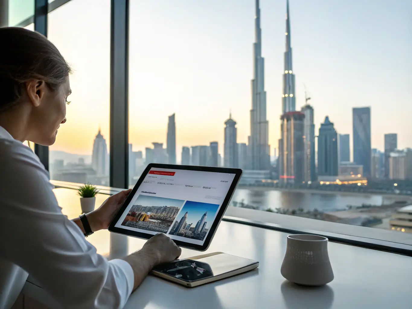 A professional Dubai realtor using an AI-powered tool on their laptop, analyzing market data with charts and graphs displayed on the screen, in a modern office setting.