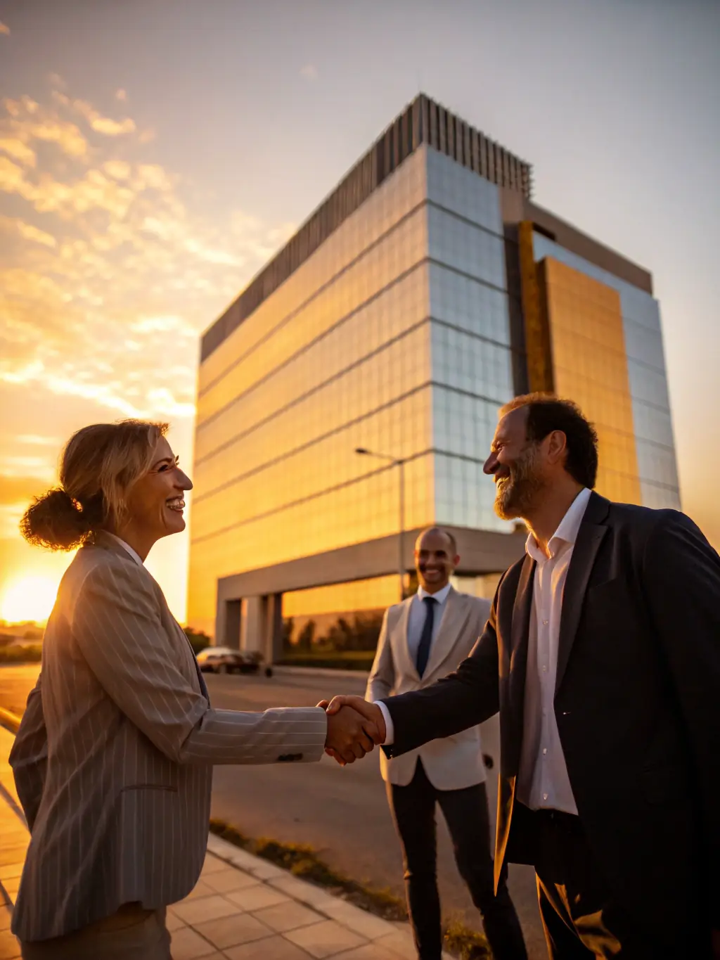 A group of Dubai realtors celebrating a successful deal, with the Dubai skyline in the background, symbolizing growth and achievement.