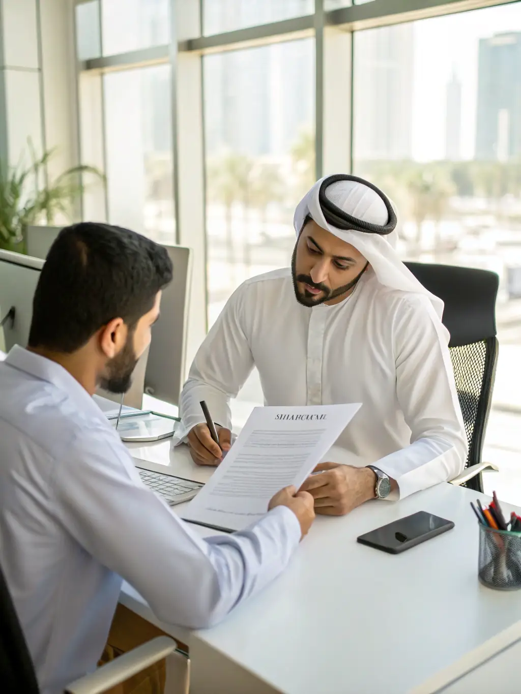 A Dubai realtor closing a deal with a happy client, emphasizing the increased lead generation and business growth facilitated by RealtorSupport.