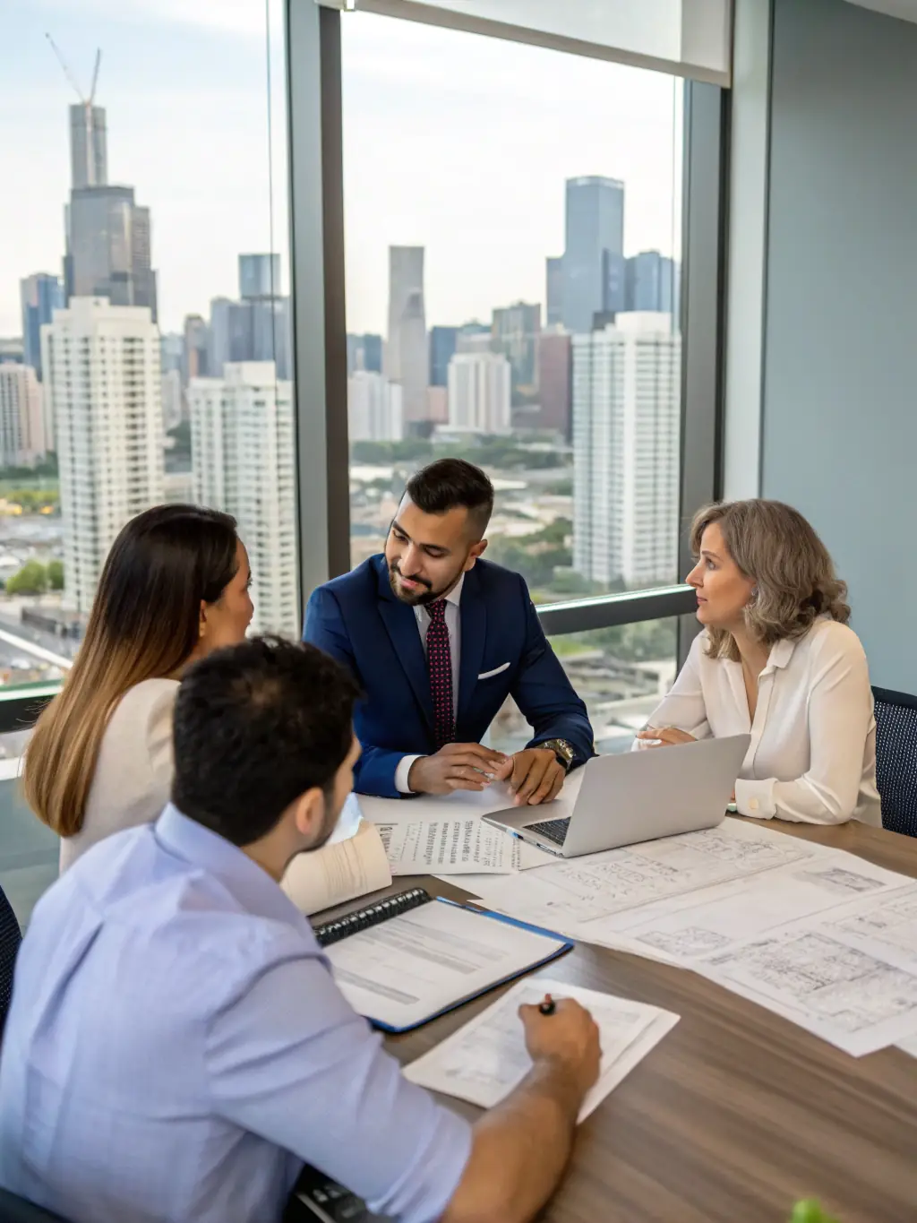 A live training session in a modern Dubai office, with a real estate expert presenting strategies to a group of engaged realtors.